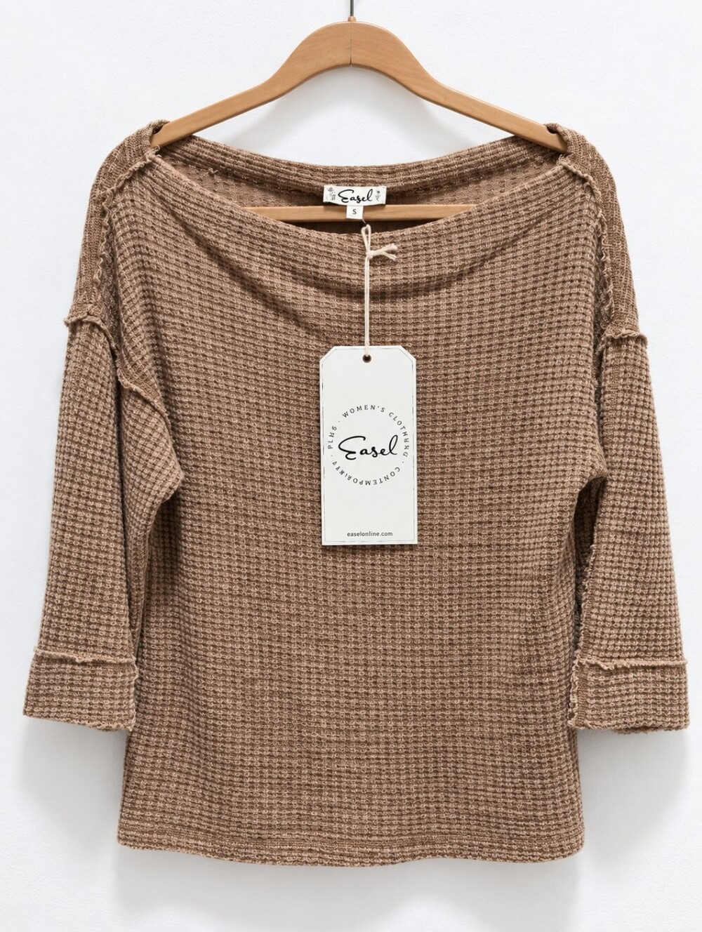 Easel Brown Waffle Knit Raw Edge Top – Size Small NWT